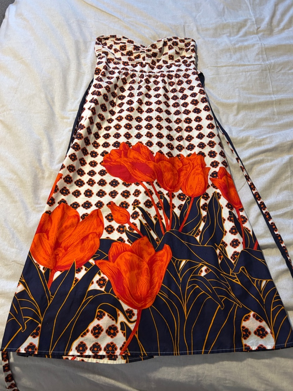 Anthropologie Floral Tulip Print Strapless dress in Orange and Navy